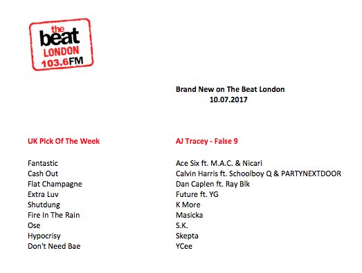 TheBeat1036fm's tweet photo. #BrandNewOnTheBeat Playing this week on The Beat London: @ajtracey @NICARIXMUSIC @OfficialAceSix @Macnificent32  @CalvinHarris @ScHoolboyQ https://t.co/ra8fJ4rofE