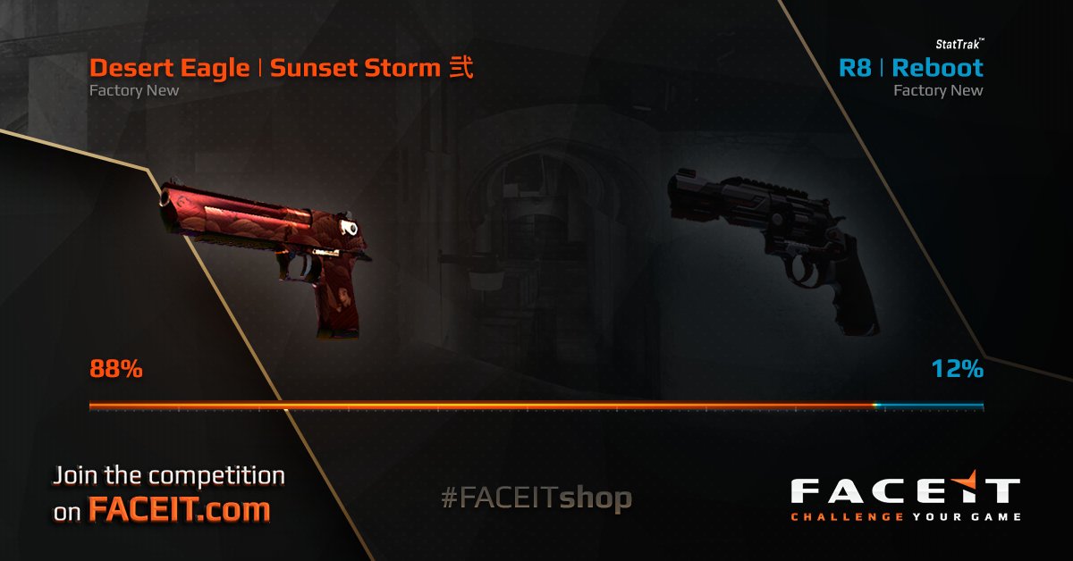 FACEIT's tweet photo. π You Voted For It! π
The Deagle | Sunset Storm εΌ (FN) will be joining the #FACEITShop!
A new poll will be available soon. https://t.co/H6MNosTdfL