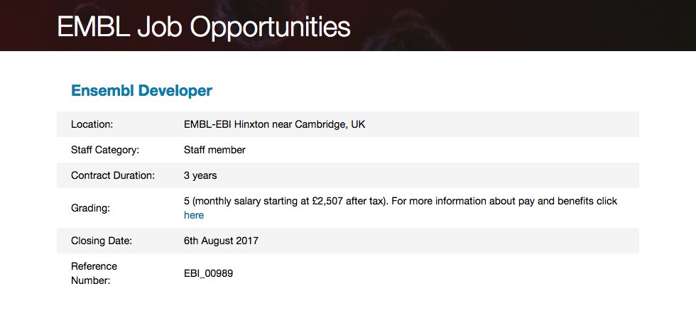 EMBLEBIjobs's tweet image. .@ensembl is hiring a #Bioinformatics #Developer familiar w/ #genomeannotation #geneexpression #Git #Unix #devjobs   embl.de/jobs/searchjob…