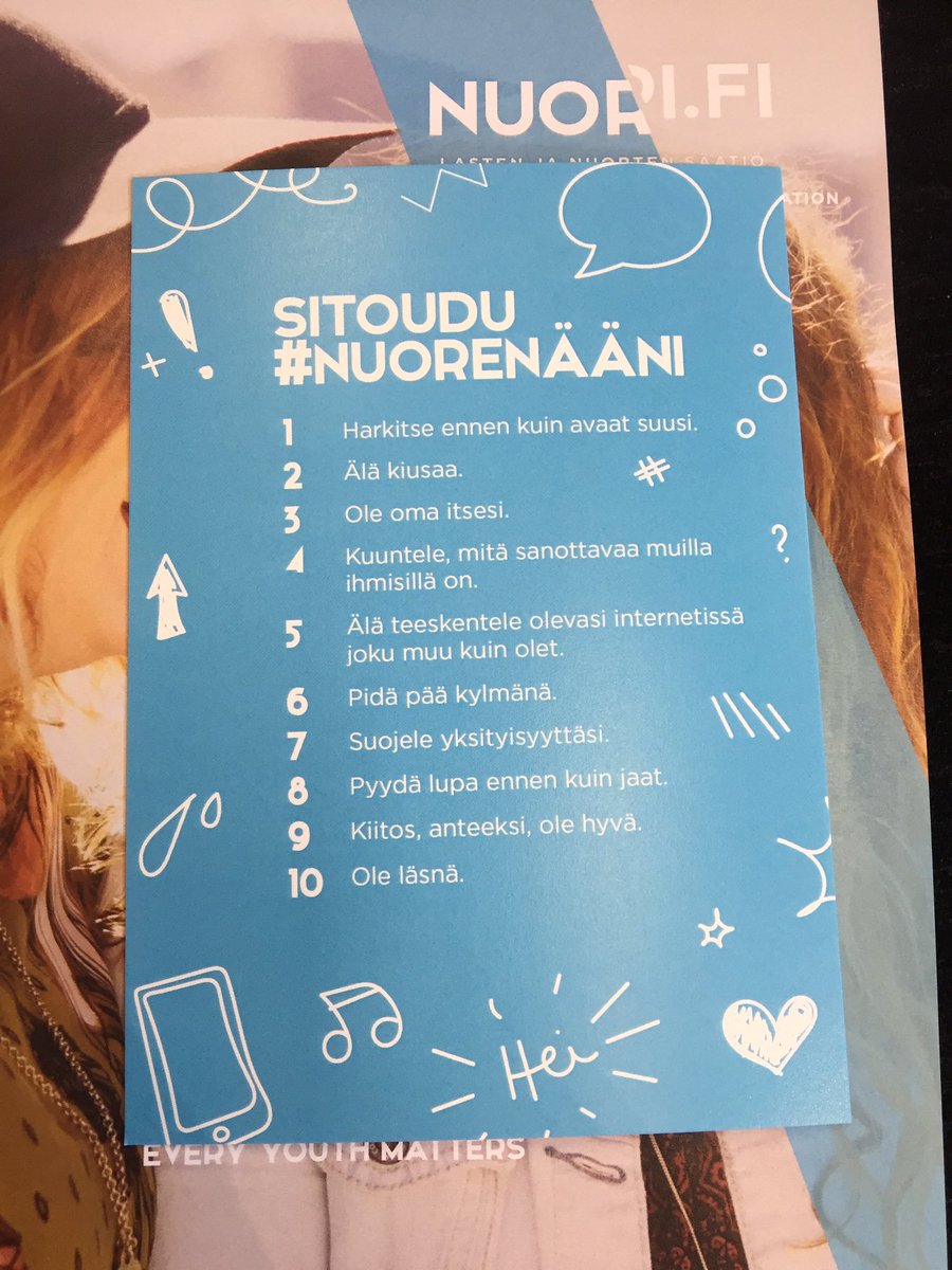 AlmaMedia_FI's tweet photo. Nuorten some-ohjeet suomalaisille. Mitä mieltä olet näistä nuorten laatimista ohjeista? #nuorenääni #rohkeuskasvaa #suomiareena @Nuori_fi https://t.co/AqzSo0QtkI
