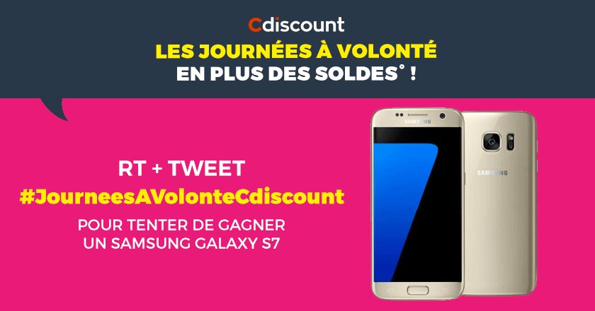 Cdiscount's tweet image. 🎁 #Concours #Soldes2017

📱 Samsung Galaxy S7 ➜ bit.ly/2u8IPUt

✅ RT + Tweet #JourneesAVolonteCdiscount

⚠️  Follow @Cdiscount
