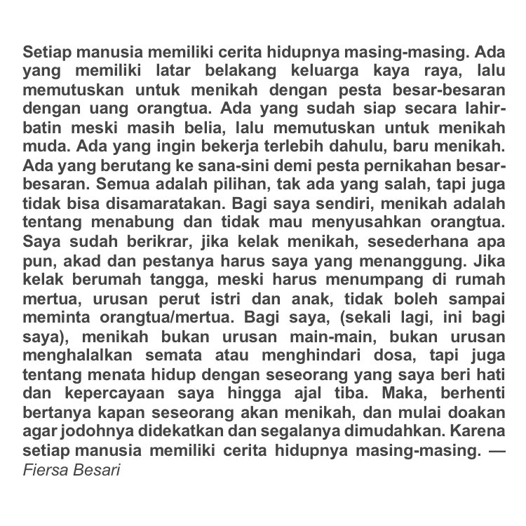 FiersaBesari's tweet photo. Berhenti bertanya kapan seseorang akan menikah, dan mulai doakan agar jodohnya didekatkan dan segalanya dimudahkan https://t.co/zKZAgZaPBR