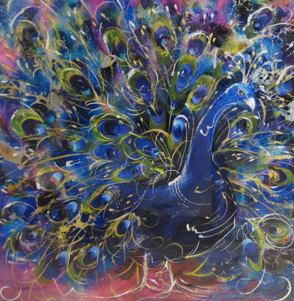'Peacock in Plume' original by <a href="/RozanneBell/">Rozanne Bell</a> available for £716 instead of £895.00 until 15th July. Art size 61 x 61cm framed in white frame