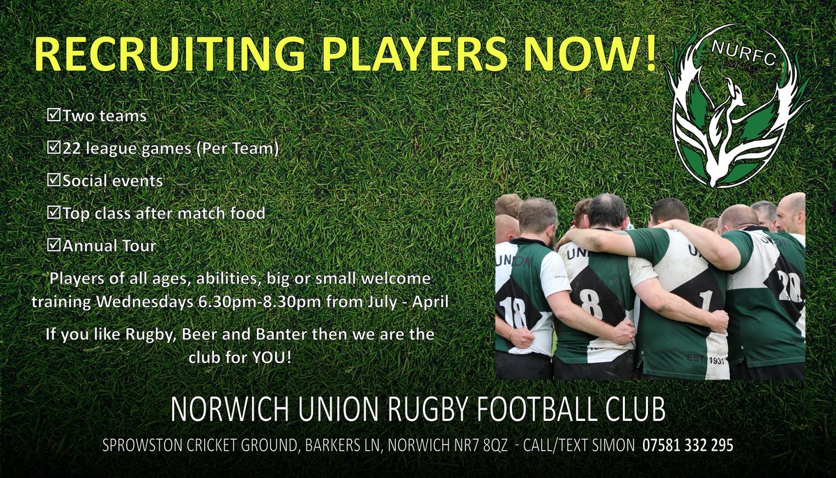 Anyone in the Norwich area fancy taking up Rugby?
Why not come down to <a href="/SprowstonCC/">Sprowston CC</a> Wednesday from 6.30-8.30pm and join the fun!