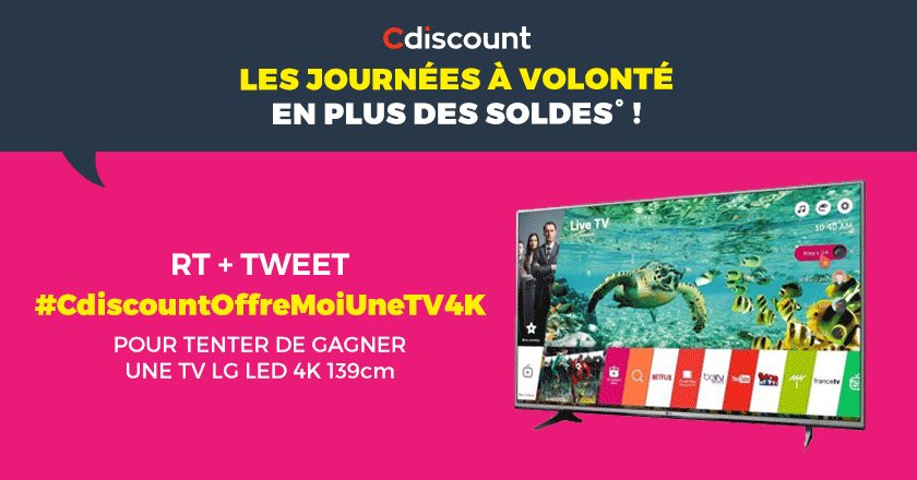Cdiscount's tweet image. ✅ RT + Tweet #CdiscountOffreMoiUneTV4K

📺 TV LG LED 4K 139cm ➜ bit.ly/2uIRUR0

⚠️  Follow @Cdiscount

🎁 #Concours #Soldes2017