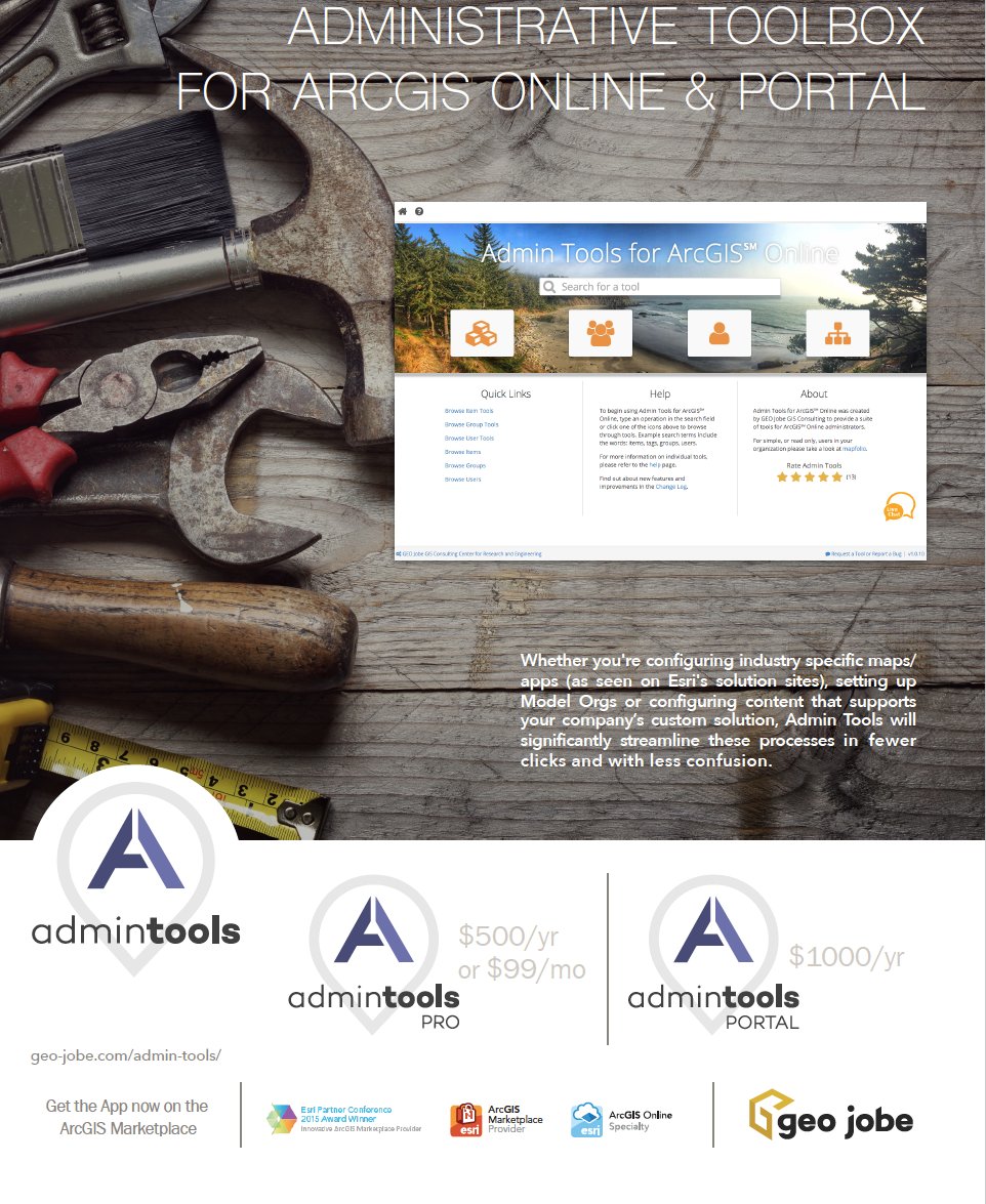 GEOjobeGIS's tweet image. An Administrative Toolbox for #ArcGISOnline &amp;amp; #PortalforArcGIS on the ArcGIS Marketplace - marketplace.arcgis.com/listing.html?i… #EsriUC