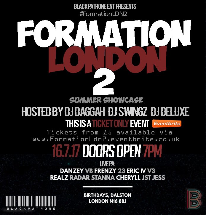 BlackPatroneEnt's tweet photo. #FormationLdn2 this Sunday!๐
@Danzey_ @23Unofficial @V3official_ @officialericiv @Radar_Stanna @Just_Jessuk +more
https://t.co/4h3XxHEoRk https://t.co/0lfLMI3tc2
