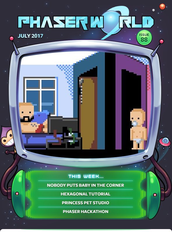 photonstorm's tweet photo. Phaser World Issue 88 is out! Pixel art baby adventures, Phaser Hackathon and v3 demos galore! https://t.co/SkqH6Qbb5k https://t.co/vzqbSIYzqf
