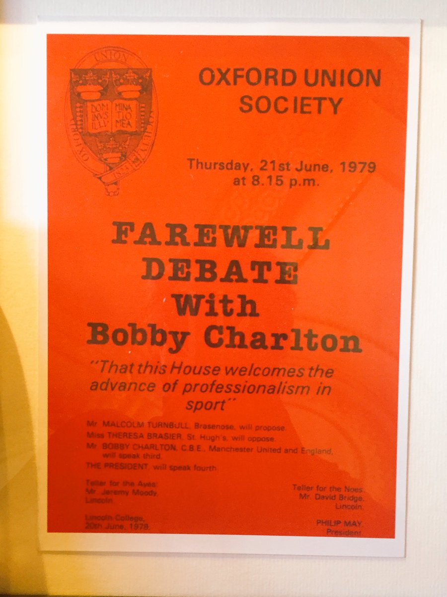 MennaRawlings's tweet photo. Nice touch at @Number10gov lunch for @TurnbullMalcolm: flyer from @UniofOxford debate in 1979, w/ both PMs, Philip May and Bobby Charlton! https://t.co/FaQGTU0GJq