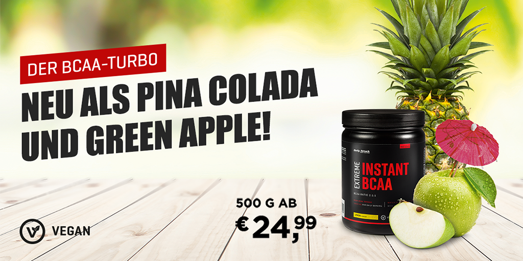 Das Extreme Instant BCAA-Getränkepulver gibt es jetzt auch in den leckeren Sommer-Sorten "Pina Colada" und "Green Apple". Jetzt probieren!