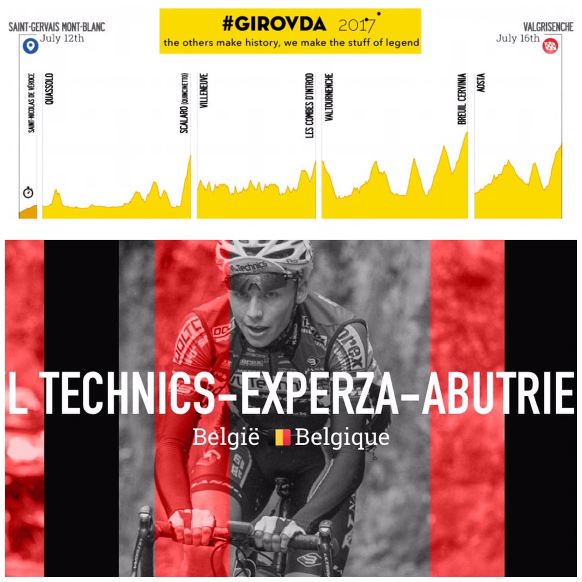 From tomorrow 🔜 <a href="/GiroVdA/">Giro Valle d'Aosta</a>. Five days in the 🇮🇹🏔. Our 5-men army: <a href="/MertensJulian/">Julian Mertens</a> 
<a href="/jovany_VO/">jovany van oudenhove</a> 
<a href="/AaronVanPoucke/">Aaron Van Poucke</a> 
Beck 
Verougstraete

#VLTEXAB