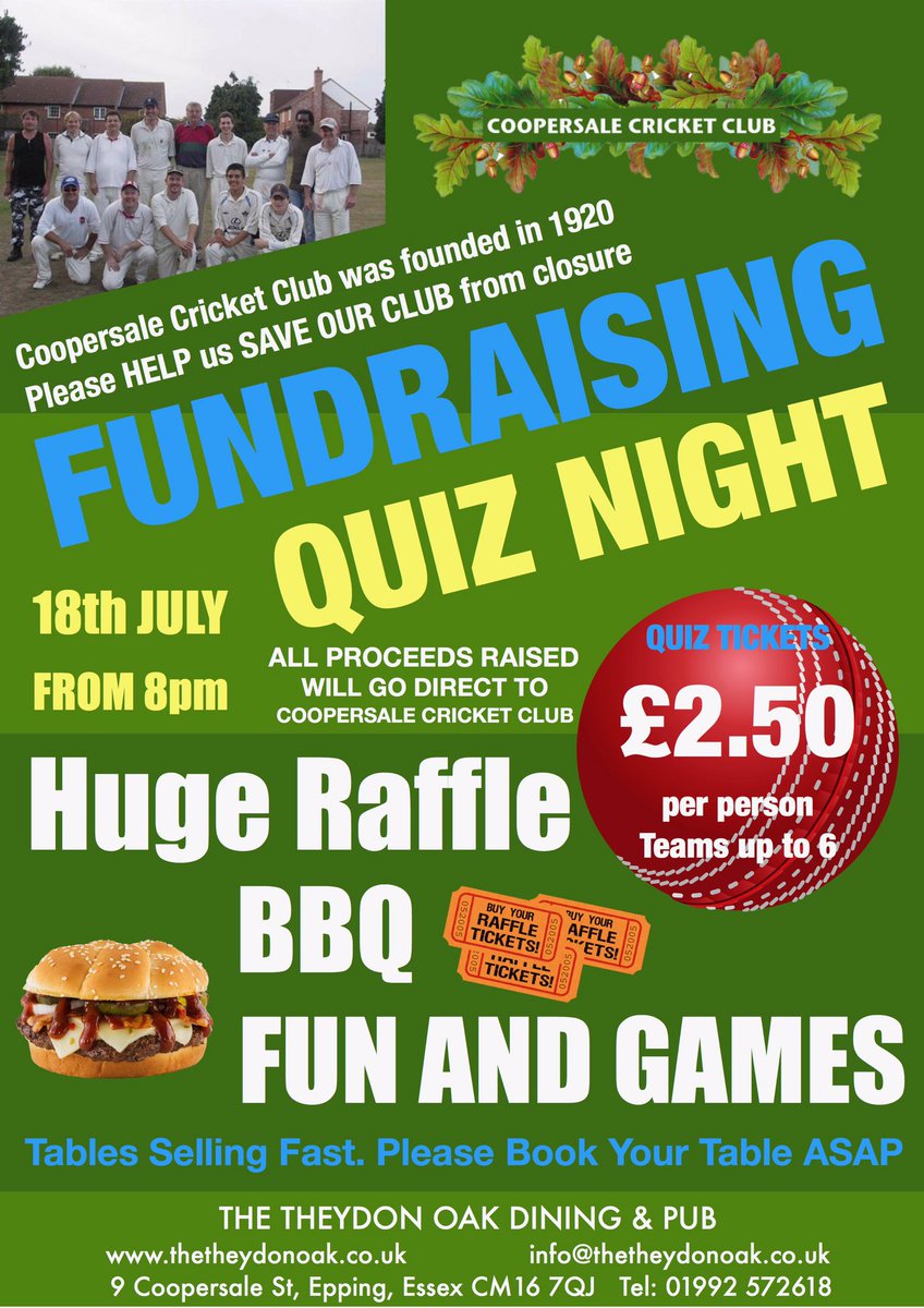 theydonoak's tweet photo. we are going to put all our effort into saving coopersale cricket club To start we are going to have one of our big quiz nights #epping https://t.co/TGhcT3Gpoc