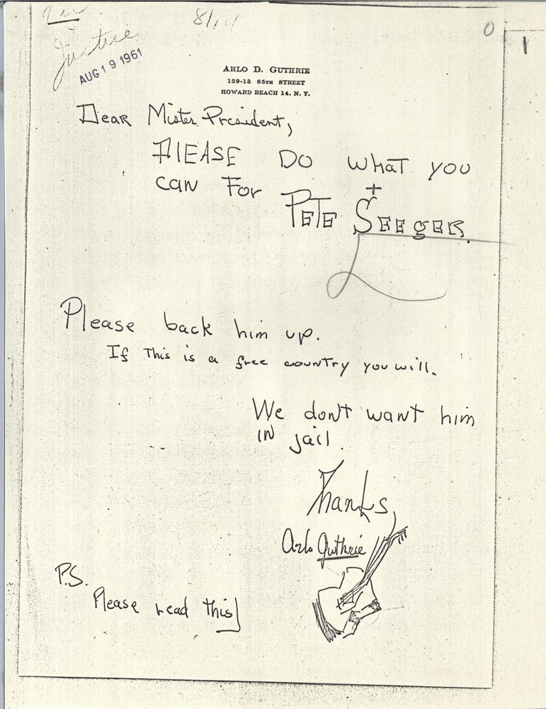 Happy birthday, Arlo Guthrie! A young wrote to JFK to while Pete Seeger was facing trial in 1961. 