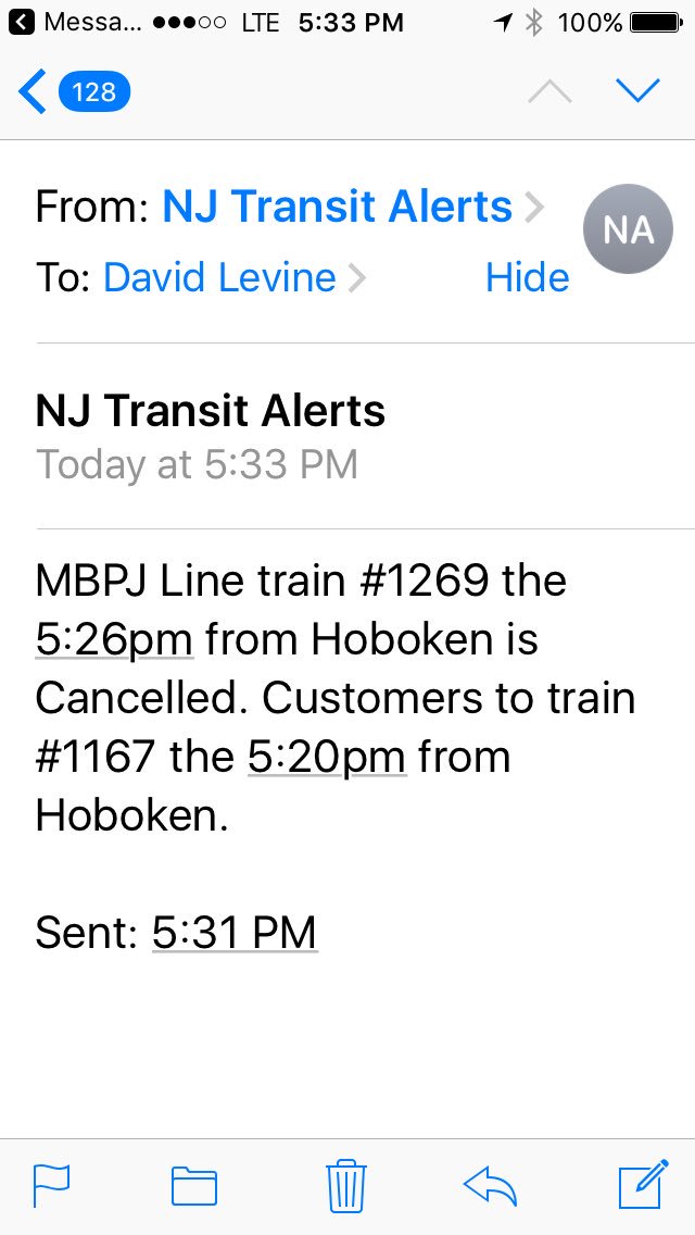 GeekNJ's tweet image. At 5:31 (sent time at bottom) @NJTRANSIT emails the 5:26 is cancelled and to take the 5:20 train. Time travel back 11 minutes.
