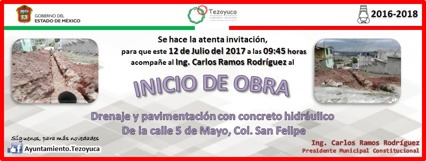 Tezoyuca2018's tweet photo. Este 12 de Julio a las 9:45 acompaña al Ing. Carlos Ramos al inicio de obra; Drenaje y pavimentación de la calle 5 de Mayo, Col. San Felipe. https://t.co/FNbjBHI1j5