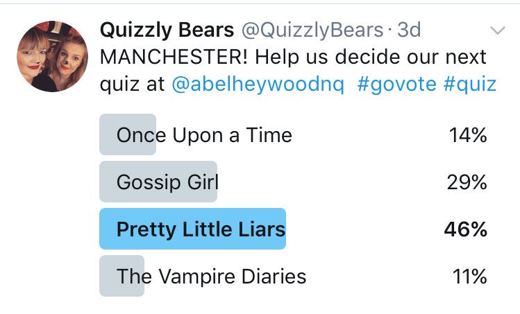QuizzlyBears's tweet photo. Looks like we know what's coming Manchester!! @abelheywoodnq #prettylittleliars #quiz #mcr https://t.co/mFok5Mp9ZJ