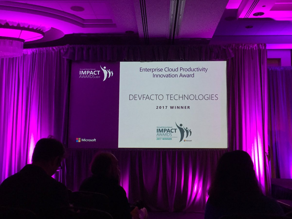 ProServeIT's tweet photo. Congratulations @DevFacto on winning the Enterprise Cloud Productivity Innovation Award last night at #MicrosoftIMPACT 2017! #MSInspire https://t.co/js6DnIbv9t
