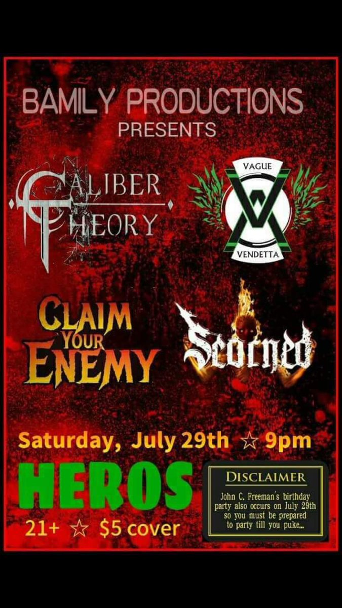 CaliberTheory's tweet photo. July 29th we are at Fort Smith, Arkansas at the Heros bar.  

21+ $5 at the door https://t.co/SRXnuUv7t0