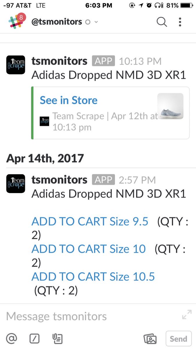 TeamScrape's tweet photo. Private Alerts - Get text or slack dm alerts with atc links  sent to you when a product you are looking for restocks. #TeamScrape https://t.co/rWLT1603KZ