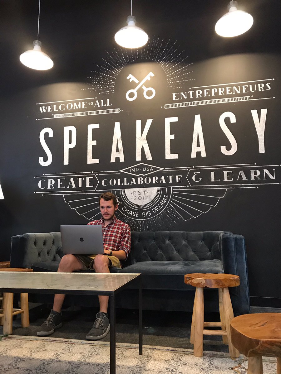 At <a href="/TechniPhi/">TechniPhi</a>, Tech Fellow <a href="/ejmudrak/">Erik Mudrak</a> can work from anywhere. Today, he has chosen #DowntownIndy's own @SpeakEasyIndy. #indytech