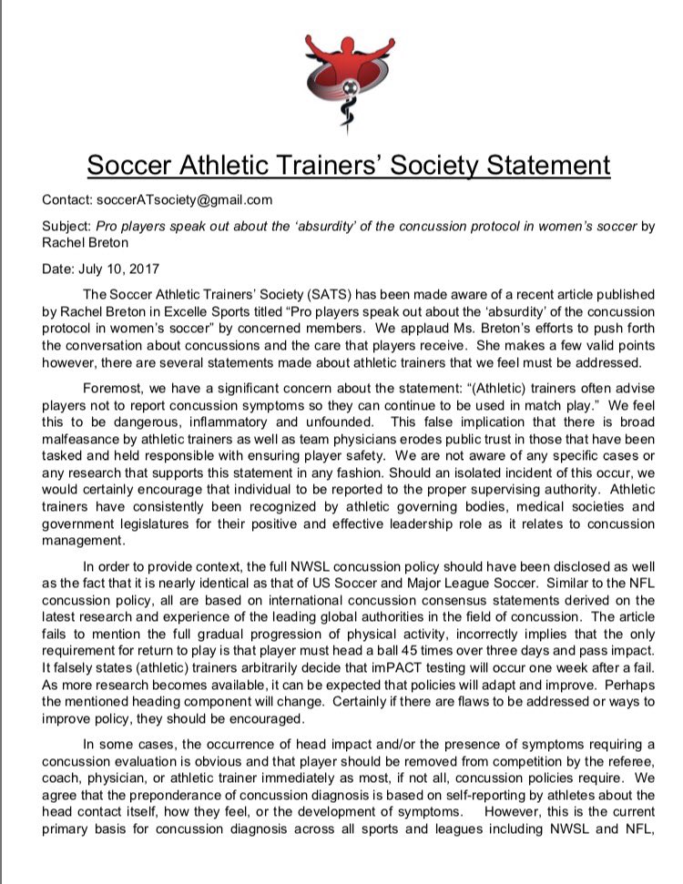 SoccerATSociety's tweet image. Official SATS statement re: @ExcelleSports' article on concussion protocol in women's pro soccer #SoccerSafety #Concussion @NATA1950