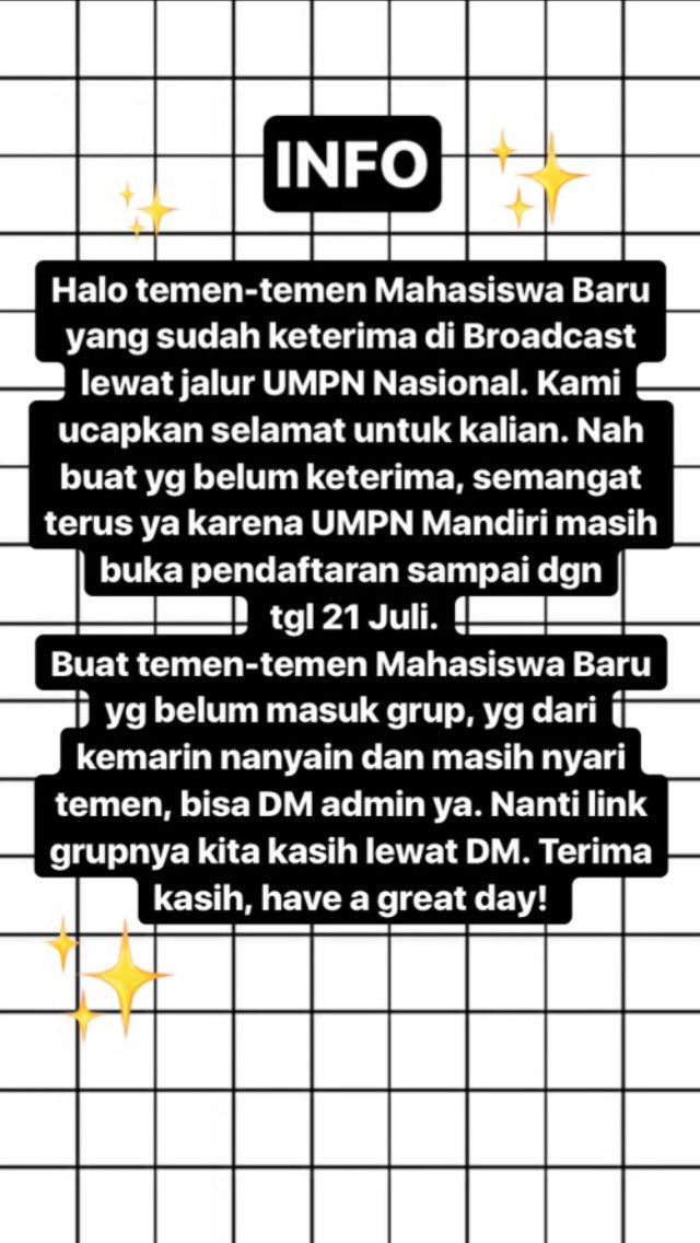 Teman-teman Maba yg blm msk grup dan msh cari teman, bisa DM admin ya. Nanti kita ksh link grupnya. Trims🙏🏻