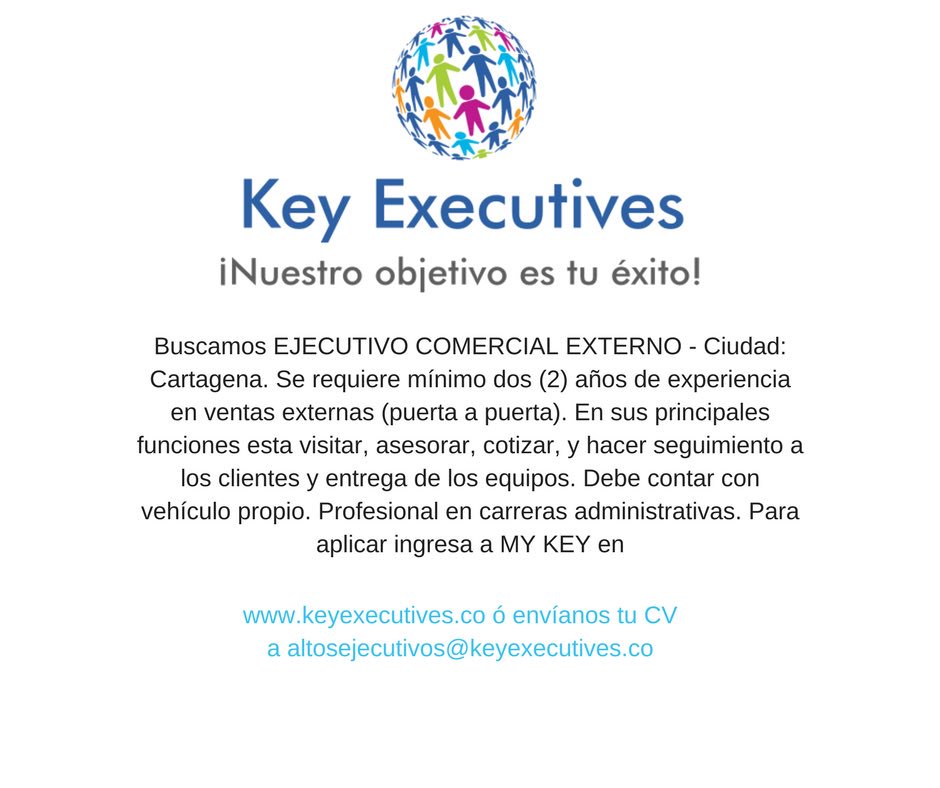 KeyExecutives's tweet image. Buscamos EJECUTIVO COMERCIAL EXTERNO - Ciudad: Cartagena #headhunter #Colombia #Cazatalentos #TrabajoSiHay #Cartagena