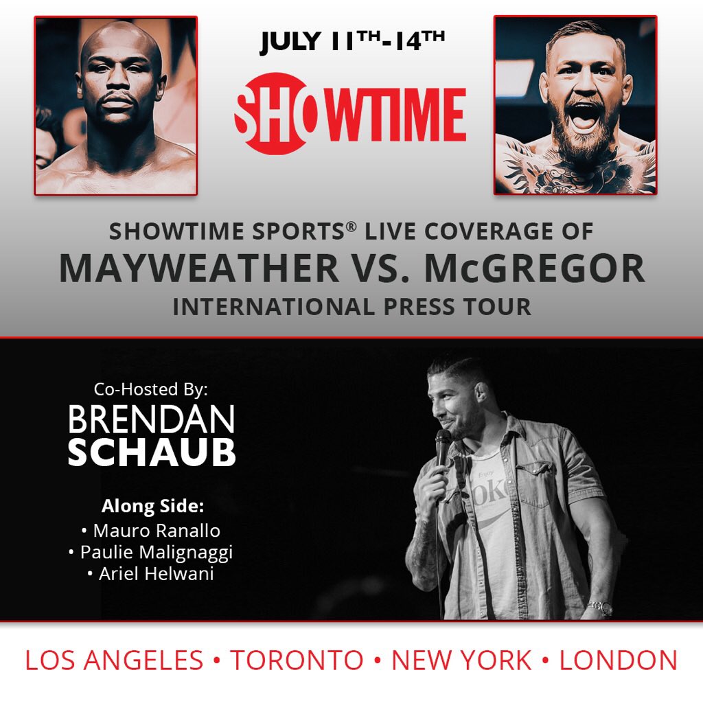 BrendanSchaub's tweet photo. It's official! I'll be part of the @showtimeboxing team for #MayweatherMcGregor press conference pre and post shows. It's such an honor 🙏🏼 https://t.co/YlC8L2kYUF