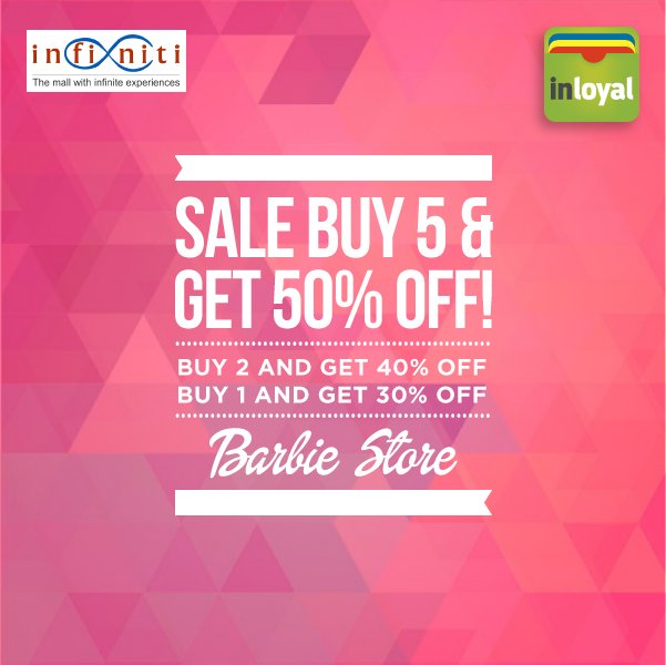 inloyal_app's tweet photo. Shopping at @InfinitiMall Is always fun. Visit the Barbie Store to enjoy these amazing discounts!
#inloyal https://t.co/tX7XVMabkR