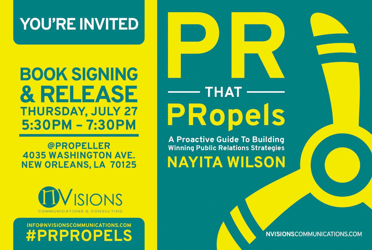 NVisionsPR's tweet photo. @NVisionsPR CEO Nayita Wilson to release new book at @GoPropeller in #NewOrleans on 7/27. #PRPropels #Entrepreneur #PR https://t.co/61nWdWHLuU