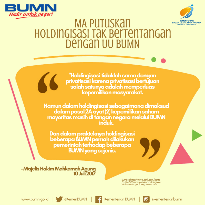 bumn_idn's tweet photo. Mahkamah Agung putuskan #HoldingBUMN tidak bertentangan dengan Undang-undang BUMN. https://t.co/f4ZzKEClJM