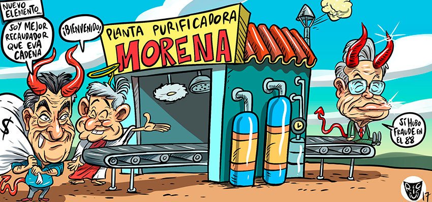 AMLO recibe al examigo de Fox, Lino Korrodi, en su planta purificadora. Cartón de hoy en <a href="/ElFinanciero_Mx/">El Financiero</a>