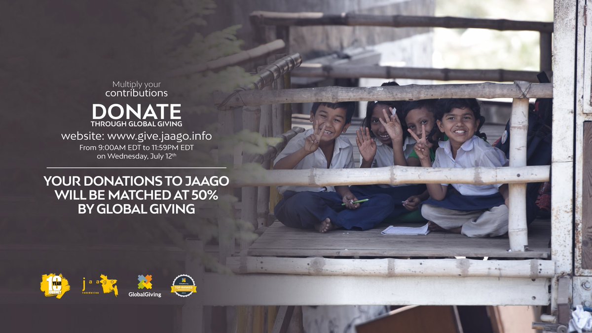 JAAGOFoundation's tweet photo. Donate to JAAGO through Global Giving from 09:00AM EMD to 11:59PM EMD on Wednesday, 12 July.
#JAAGO #10forJAAGO #Education #SponsorAChild https://t.co/pKEZlUIyQM