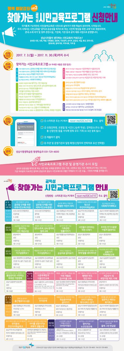 #성남시 #행복배달강좌 찾아가는 시민교육프로그램 안내 드립니다~
-신청기간 : 2017.7.3.(월) ~ 11.30.(목)까지 수시 신청
-스마트폰 또는 PC에서 naver.me/G5CJvCYZ 주소 접속 및 신청하세요