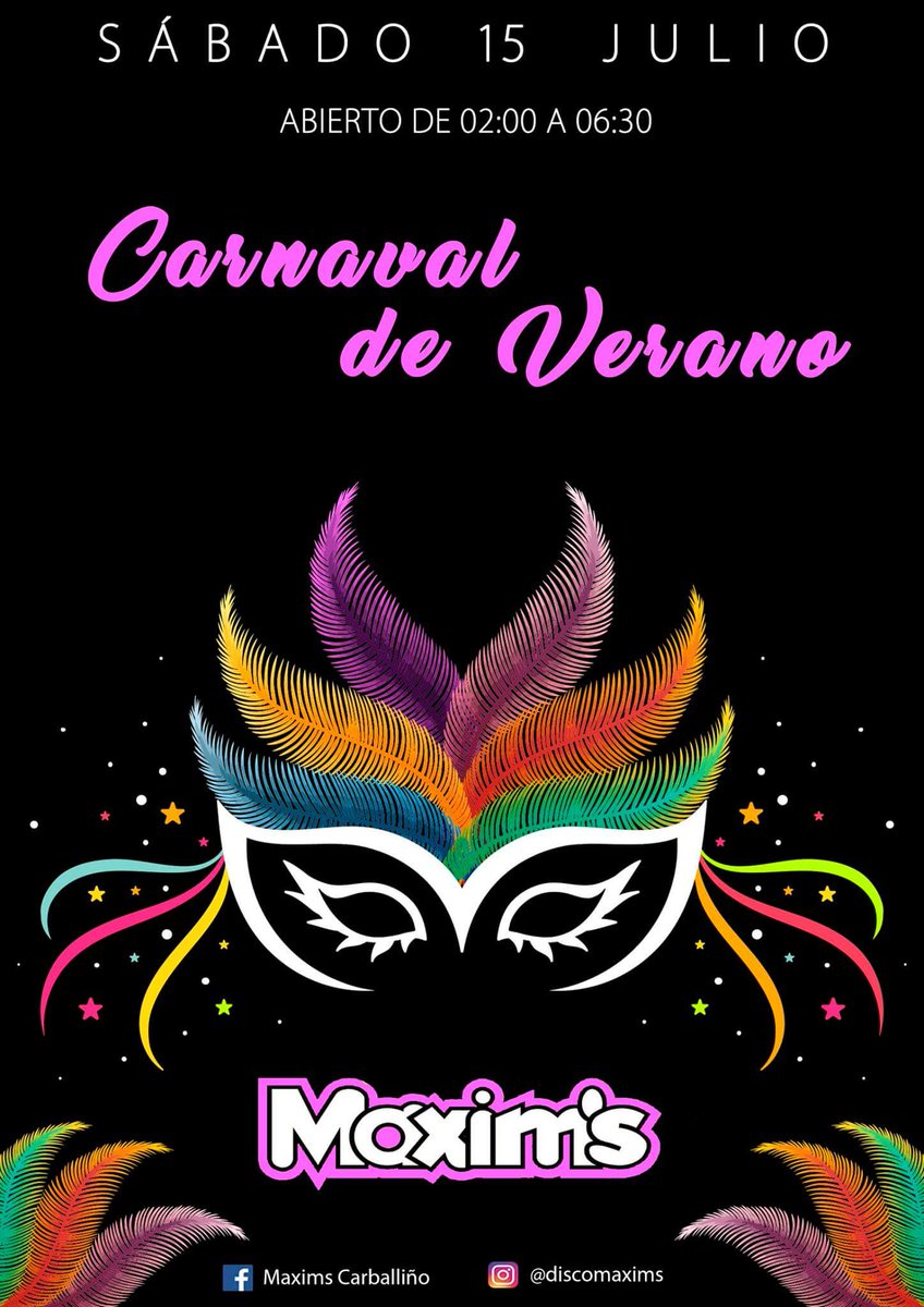 DiscotecaMaxims's tweet photo. ¡Estamos de vuelta!

Te esperamos este sábado 15 en Discoteca Maxim's 

¿De qué vas a venir disfrazado?

#CarnavalVerano #VosotrosSoisMaxims https://t.co/e3sbvWeoh8