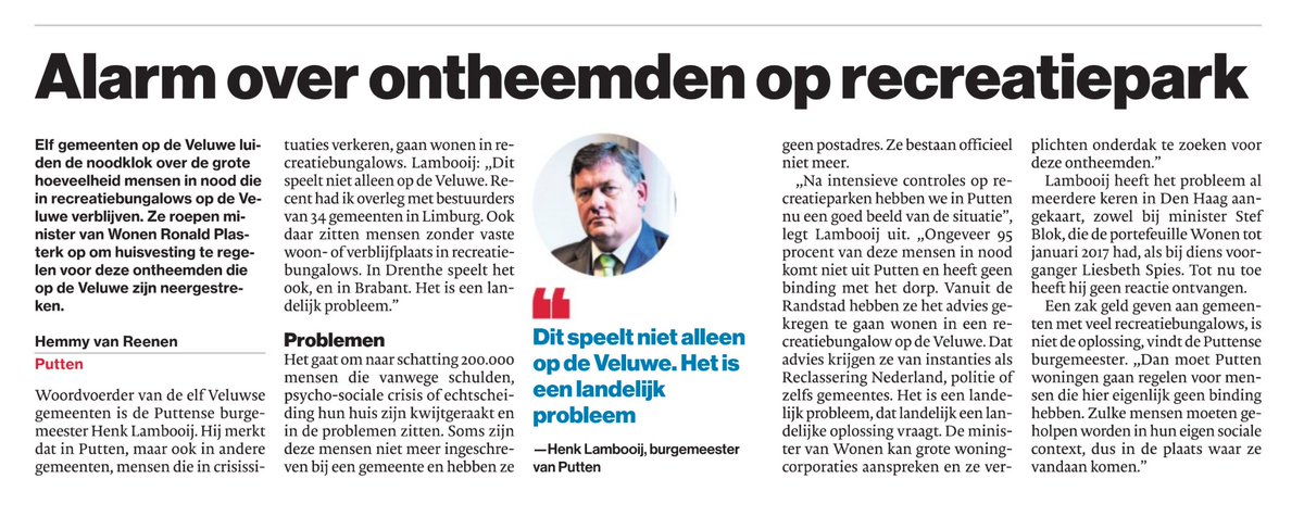 Gemeenten #Veluwe roepen <a href="/RPlasterk/">Ronald Plasterk</a> op om permanente bewoning op vakantieparken aan te pakken bit.ly/2v6qYtC #vitalevakantieparken