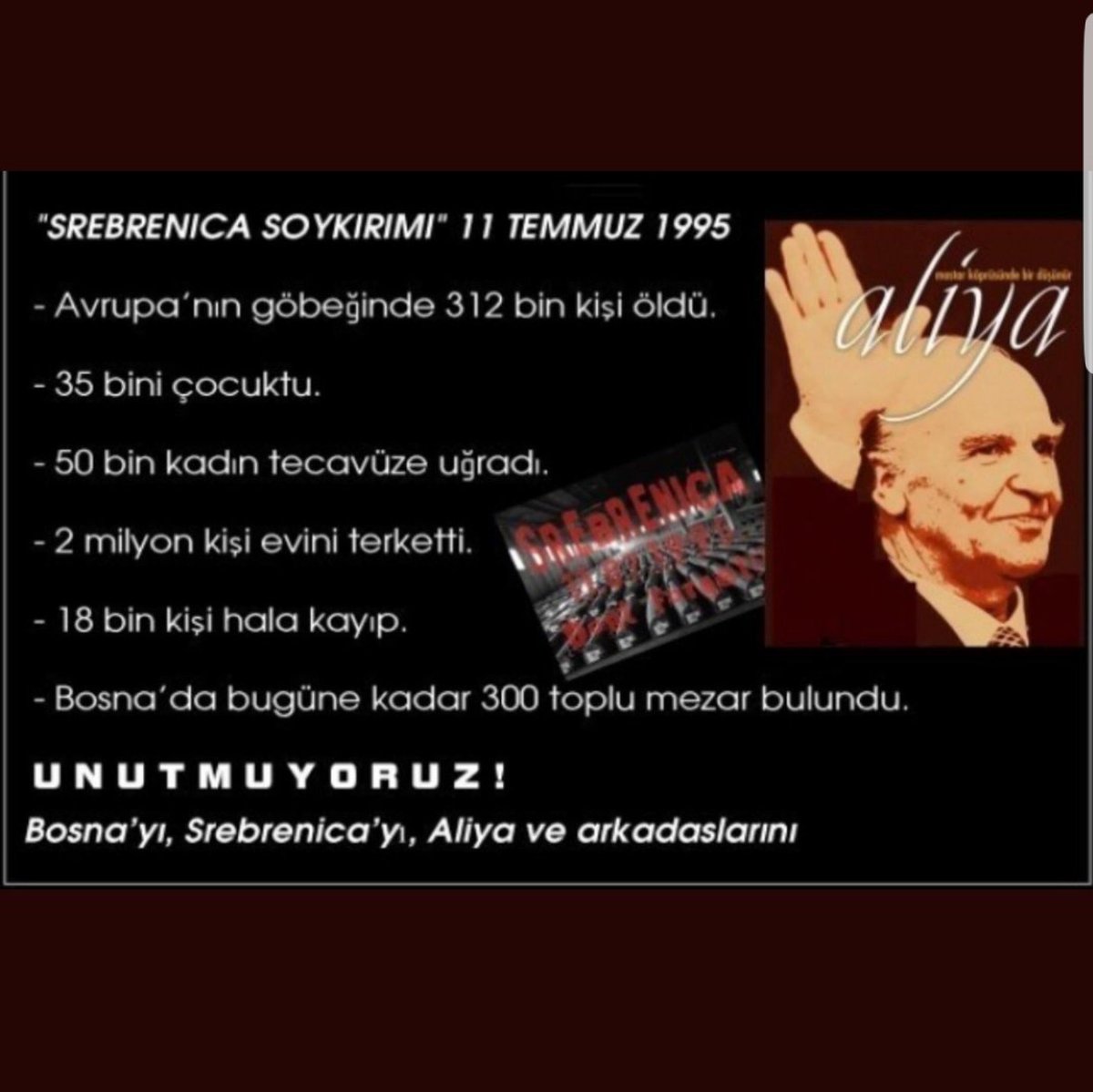 hur_nida's tweet photo. "Size asla intikam peşinden koşun demiyorum ama yapılanları asla unutmayın."

Aliya İzzetbegoviç 
 #Srebrenica https://t.co/rROsLTukgg