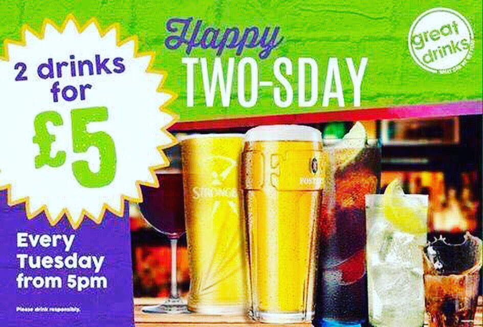 TheFairwayInn's tweet photo. You call it Tuesday, we call it #Two-sday
Two drinks for a fiver* #Bargain!

Join us Tonight from 5pm

*T&amp;C's Apply 

#Drinks #Offers #Pub https://t.co/f937uycM64