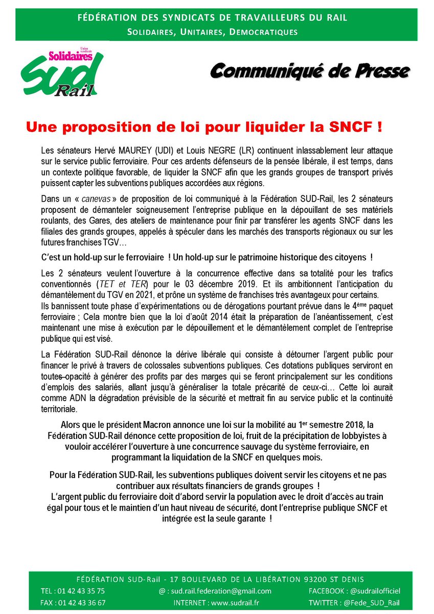 Fede_SUD_Rail's tweet image. Communiqué de #presse 
Une proposition de #loi pour liquider la @SNCF !
Démantèlement de l'entreprise #publique
Ouverture à la #concurrence