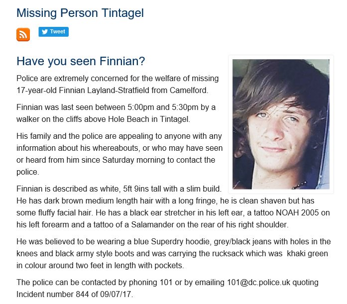 #PoliceAppeal for #Missing 17-year-old Finnian Layland-Stratfield, last seen in #Tintagel -Please RT. goo.gl/8DBhDt