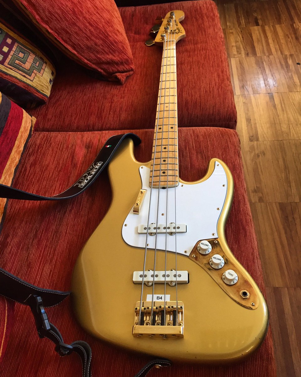 A Custom Fender Jazz with a gold finish at the MarkBass HQ.