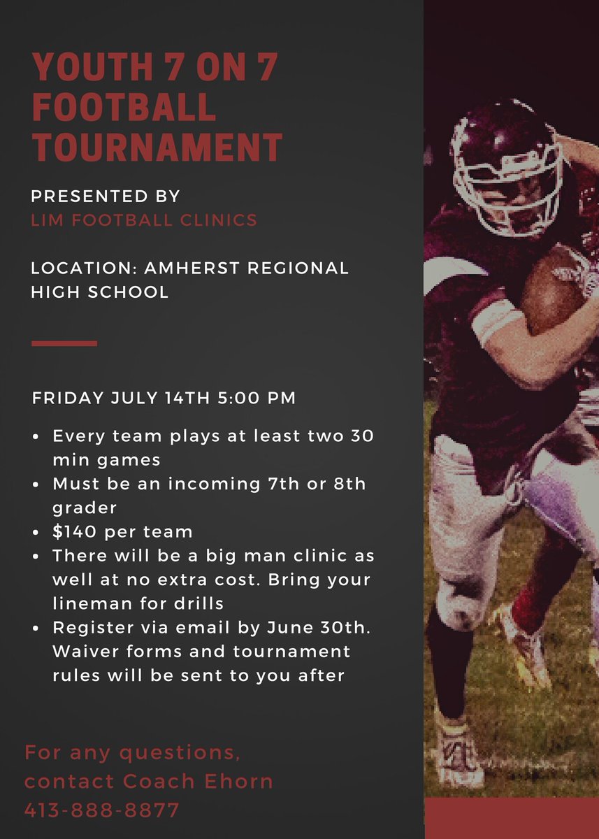 LIMFootballCli1's tweet photo. The Western Mass Youth 7v7 Tournament is this Friday at Amherst Regional High School. Come out and support your youth teams! https://t.co/KxLJsEnidQ