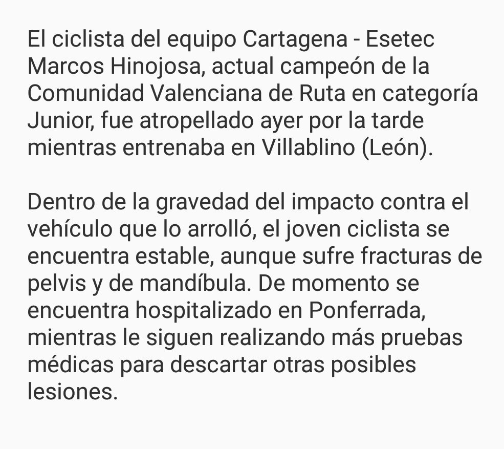 CCLaPalmaCT's tweet photo. Ayer @MarcosHinojosa7 fue atropellado en Villablino (León) donde estaba entrenando por unos días. Sufre fracturas en mandíbula y pelvis...😵 https://t.co/owinTGmSYf
