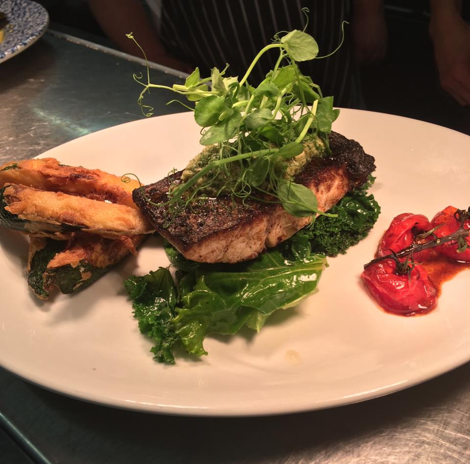 TheWhiteDogPub's tweet photo. Locally caught Stone Bass with salsa verde, courgette fries, kale &amp; cherry tomatoes. #SummerMenu #BestDestinationPub #Sussex #EastSussexPub https://t.co/Ds2csbZGfr