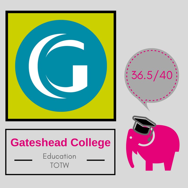 ElephantEduc's tweet photo. Congratulations to @gatesheadcoll, you're our #education Tweeter of the Week! Scoring a brilliant  36.5/40 #TOTW https://t.co/uE9AjaNyMr https://t.co/1P89pxwKbT