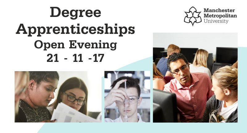MMUApprentice's tweet image. *Degree Apprenticeships Open Evening* 

📆 21 November 
🕔 5.00 - 7.30 🏢 Mcr Met Business School 
💻 ow.ly/uSpg30d0SwV