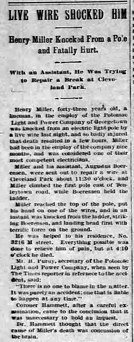 MillerMuseum's tweet photo. Our Founder, Henry Miller, would succumb to his injuries on July 11, 1896 - 121 years ago today! #washingtondc #lineman #IBEW https://t.co/XnMYCfoM4X