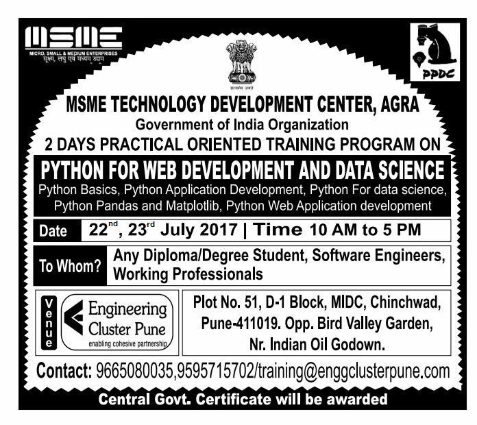 ajinkyadeshpand's tweet image. 22 July
9665080035
training@enggclusterpune.com
Govt. Certificate
#PYTHON #ENGINEERING #ENGINEERINGCLUSTER #PUNE  #INDIA #DIGITALINDIA #MSME