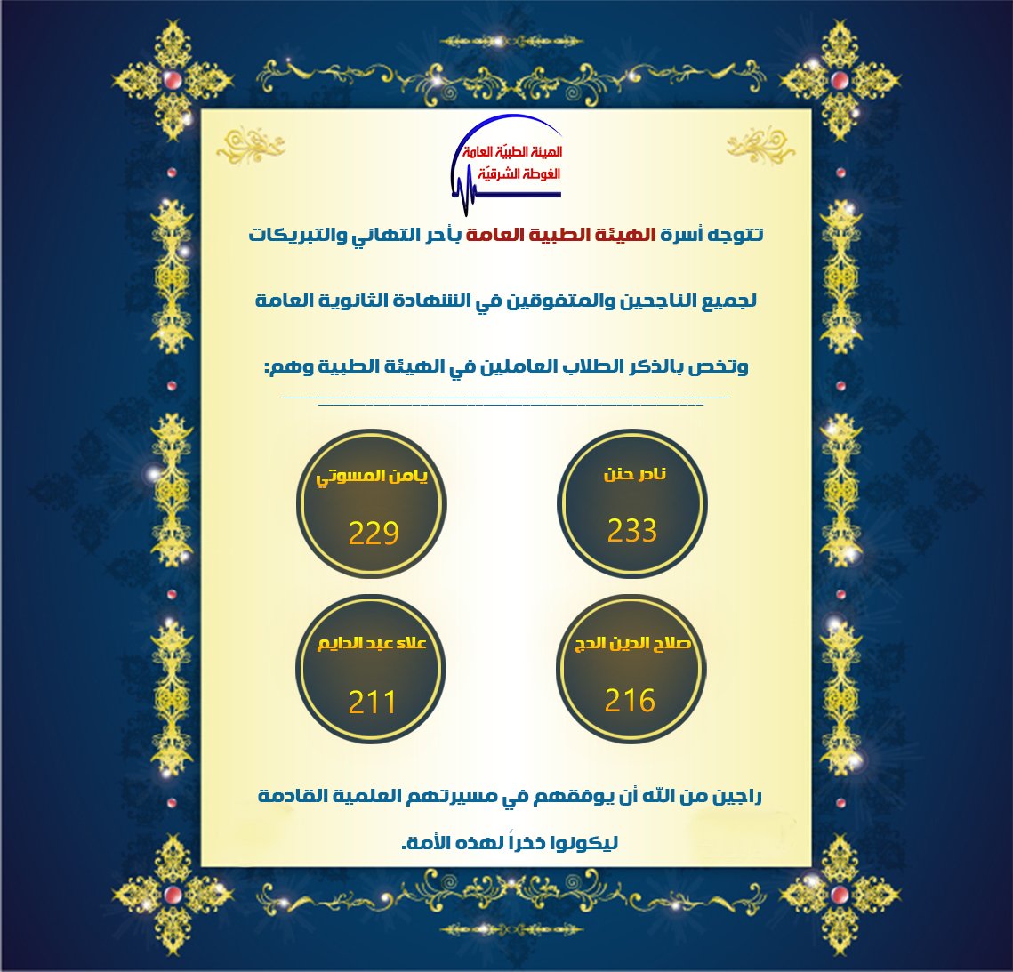 تتوجه أسرة الهيئة الطبيّة بأحر التهاني والتبريكات لجميع الناجحين والمتفوقين في شهادة الثانوية العامَة وتخص بالذكر الطلاب العاملين في الهيئة.