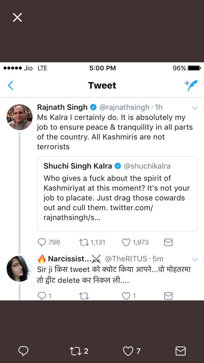 srijanpalsingh's tweet photo. Immature #shuchikalra from @makemytrip uses foul language responding to @rajnathsingh post. Master reply by cool headed statesman. Well done https://t.co/chwxdO7laK
